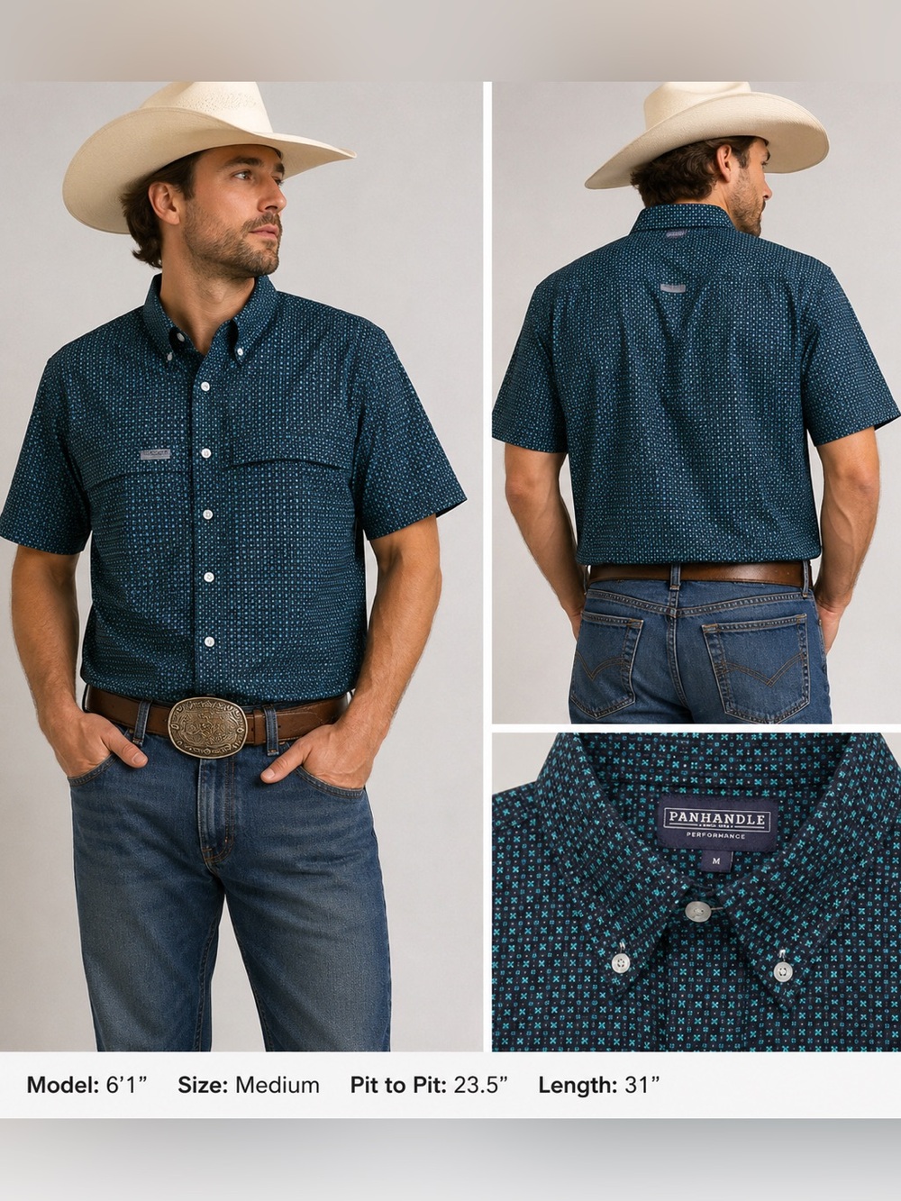 Panhandle Performance Western Shirt Mens Medium Blue/Green Geometric Print